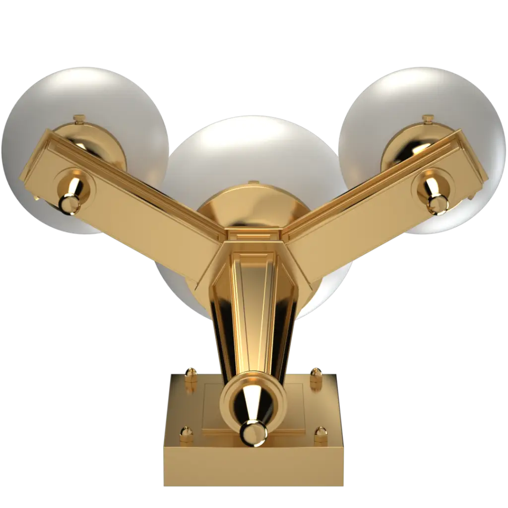 Gold and white three-light ceiling fan with decorative finials.