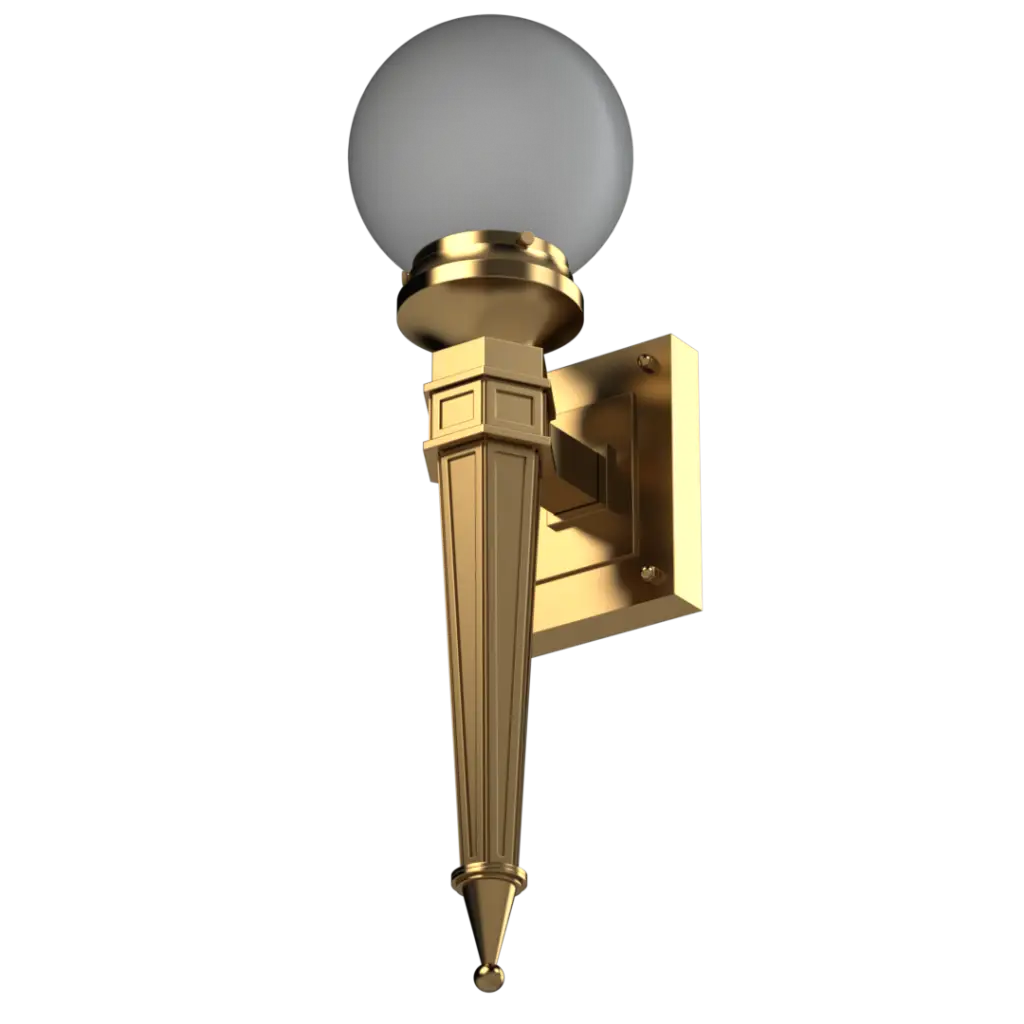 A polished gold wall-mounted torch light with a frosted spherical globe.