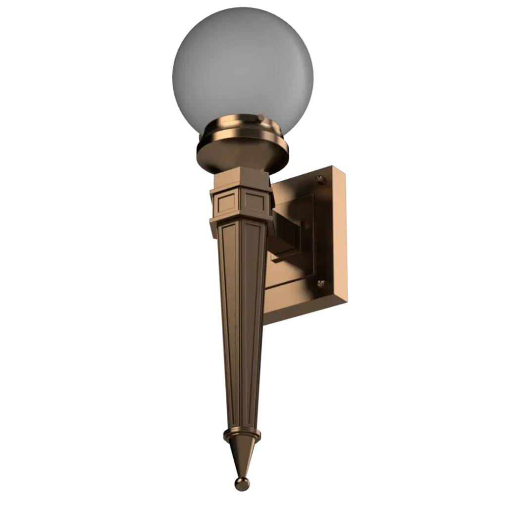 Bronze-colored outdoor wall light with a spherical glass shade.