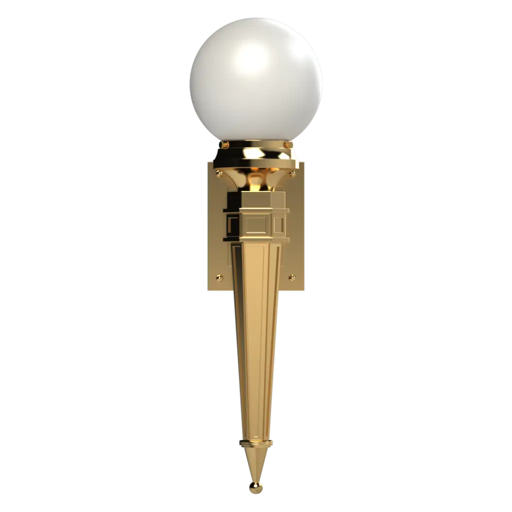 A golden wall-mounted torch light with a spherical white glass shade.