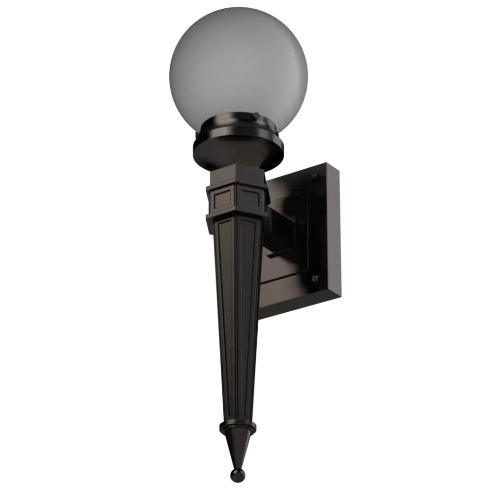 Matte black outdoor wall sconce with a spherical white glass shade.