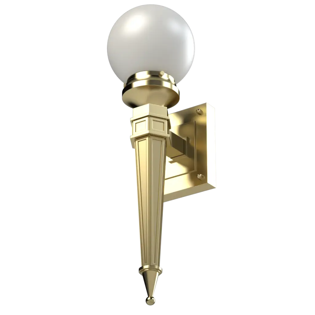 A brass wall sconce with a white globe light.