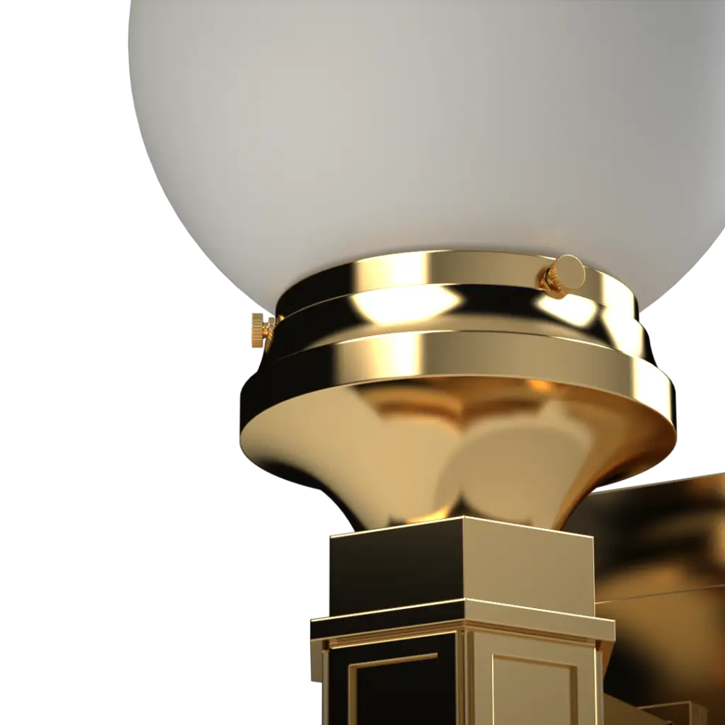 A gold and white outdoor wall lamp.