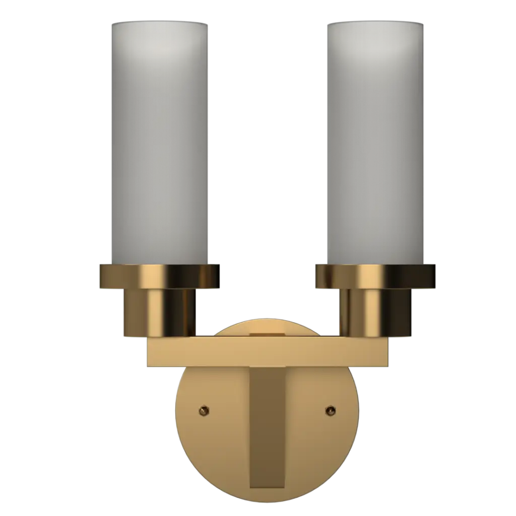 A two-light brass wall sconce with cylindrical white glass shades.