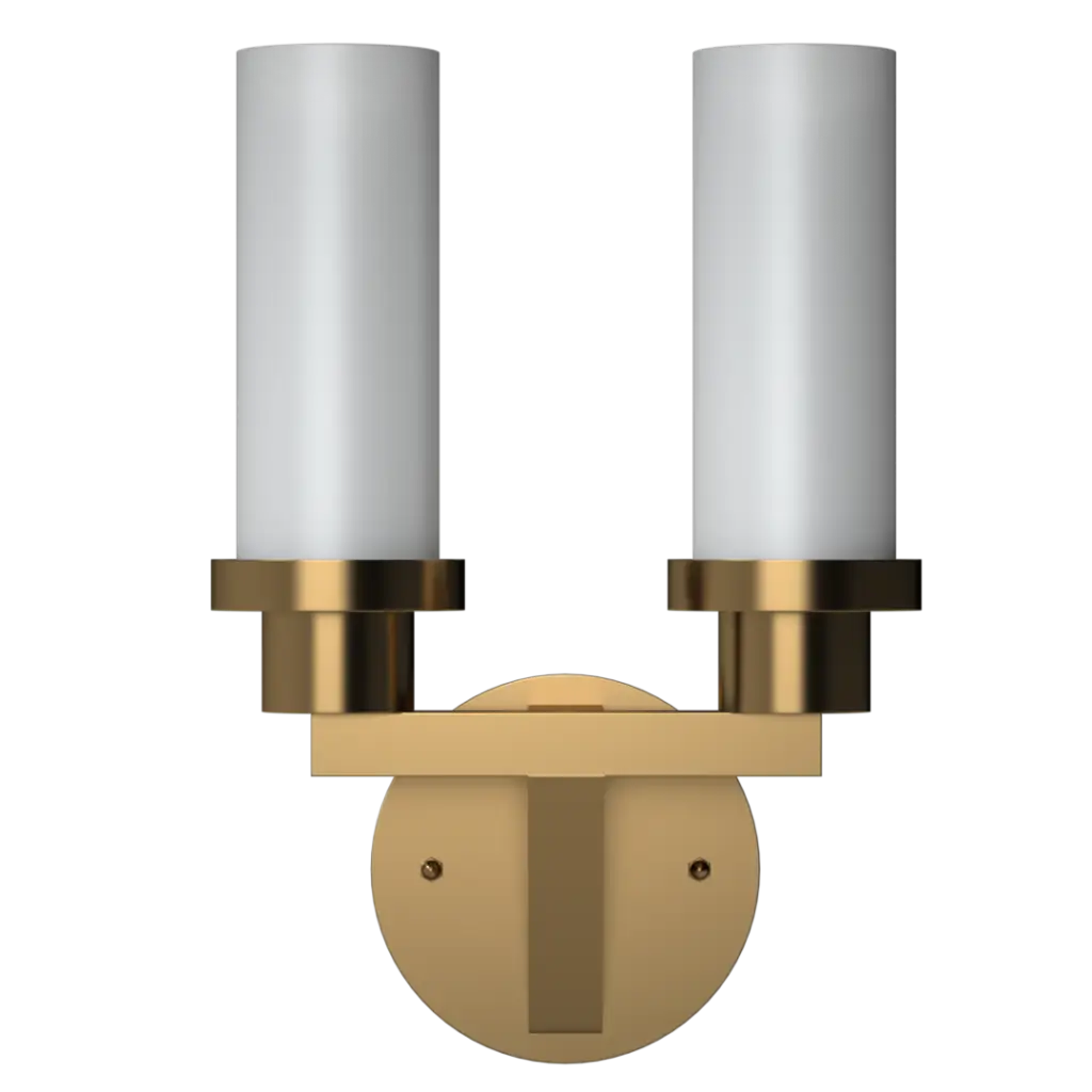 Two-light brass wall sconce with cylindrical white glass shades.