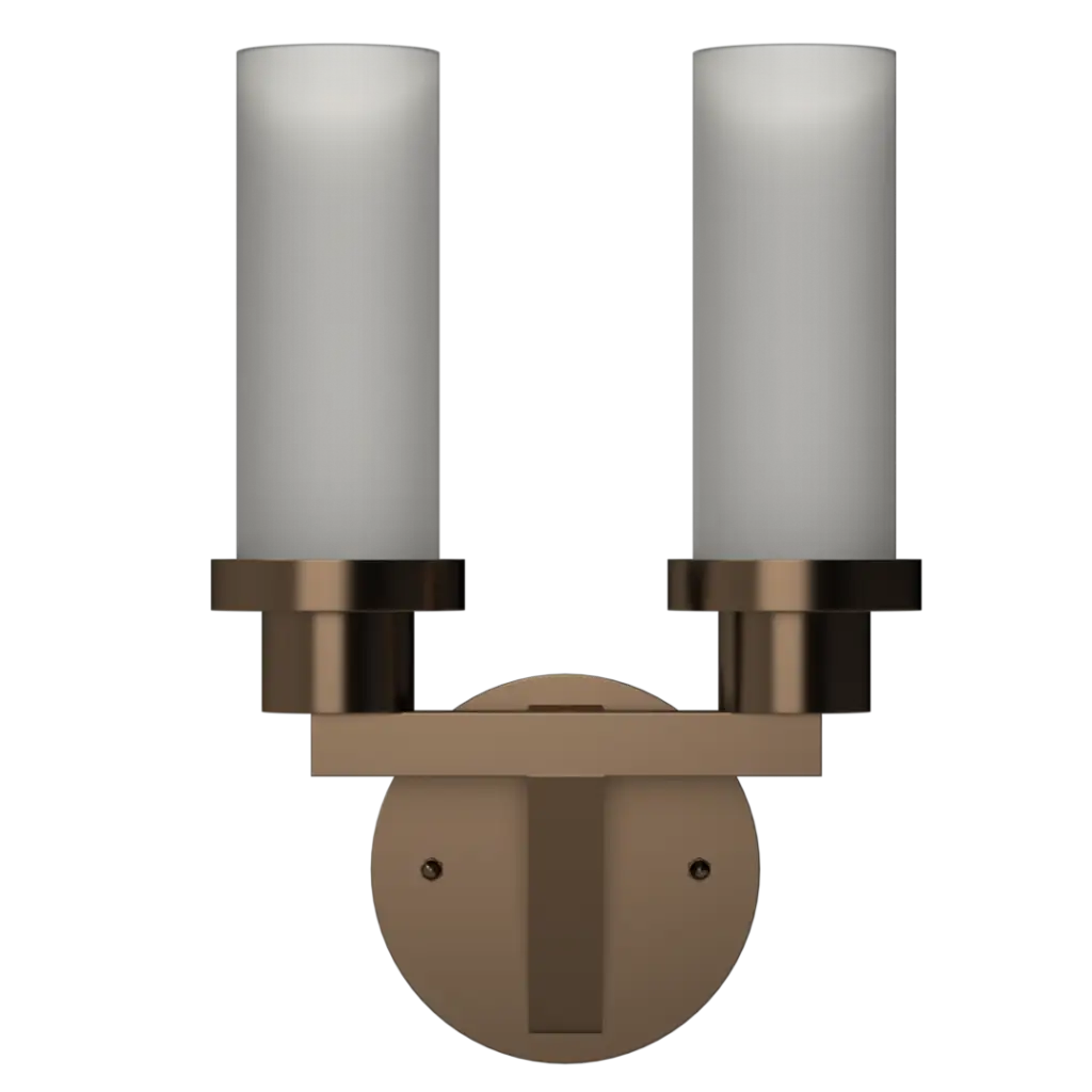 Two-light wall sconce with frosted glass shades and a bronze finish.