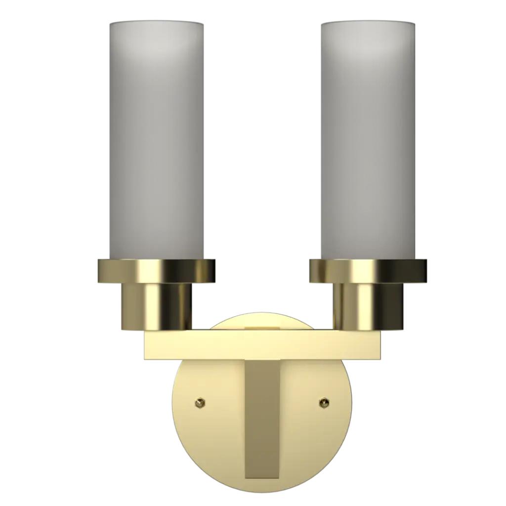 A brass two-light wall sconce with cylindrical frosted glass shades.