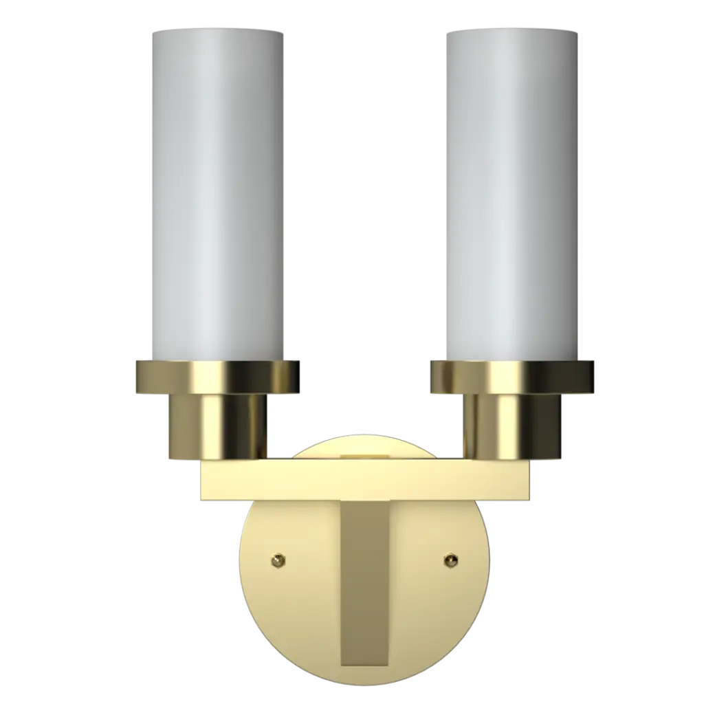 Gold two-light wall sconce with cylindrical white glass shades.