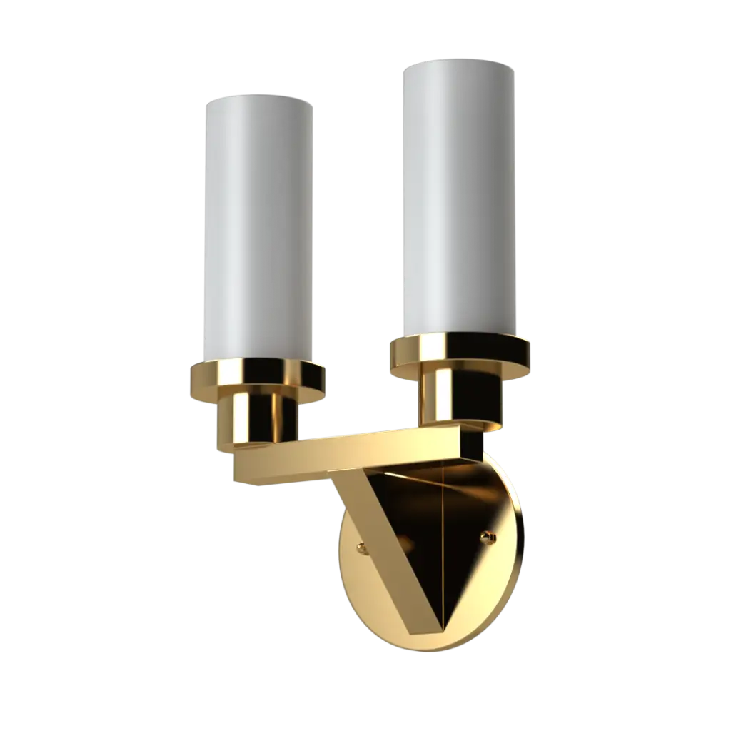 Dual-light gold wall sconce with cylindrical white shades.