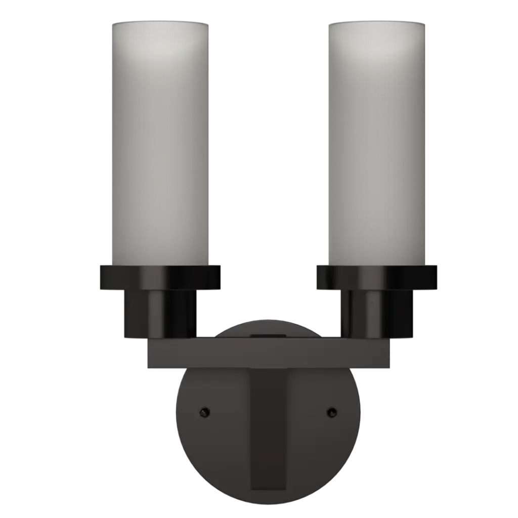 A dark gray two-light indoor wall sconce with cylindrical white glass shades.