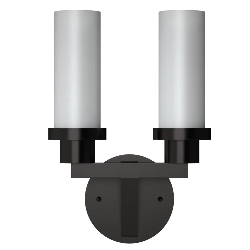 A two-light wall sconce with cylindrical white shades.