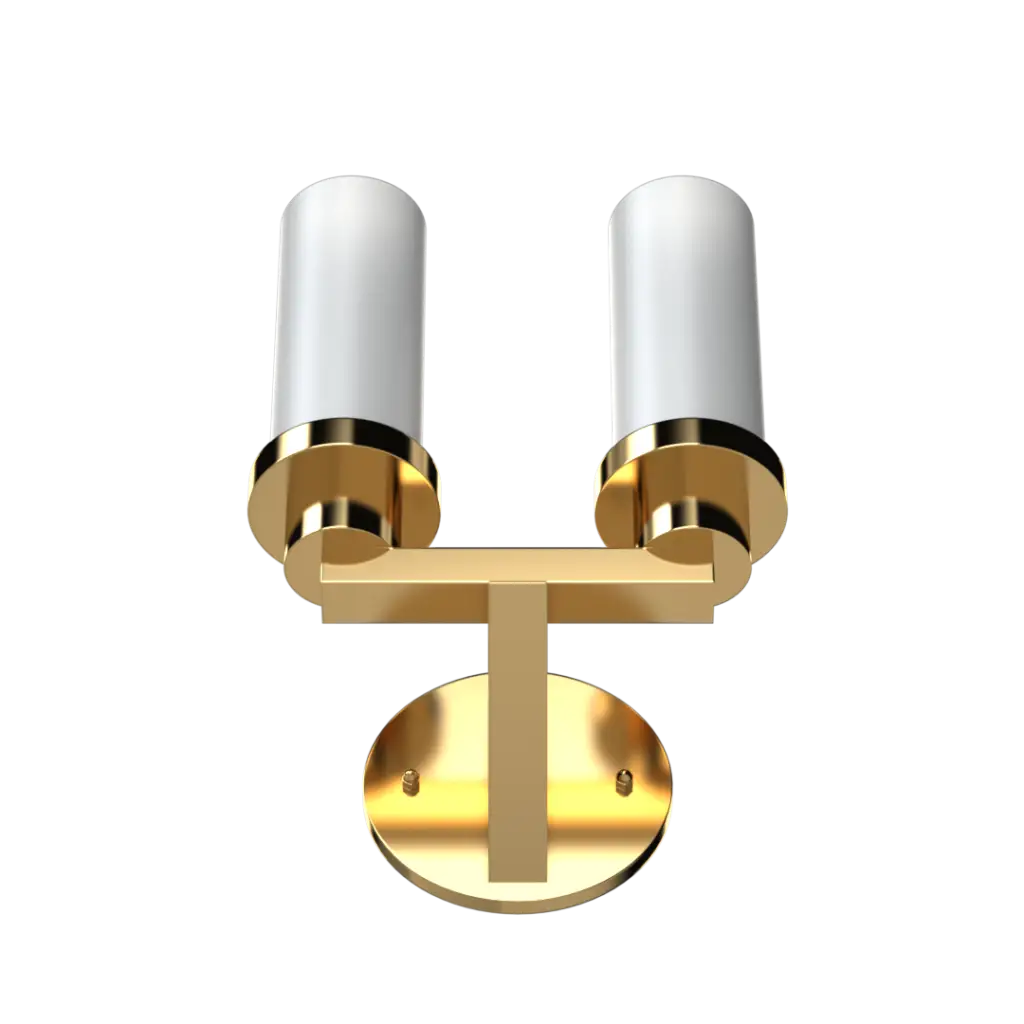 Two-light brass wall sconce with cylindrical white glass shades.