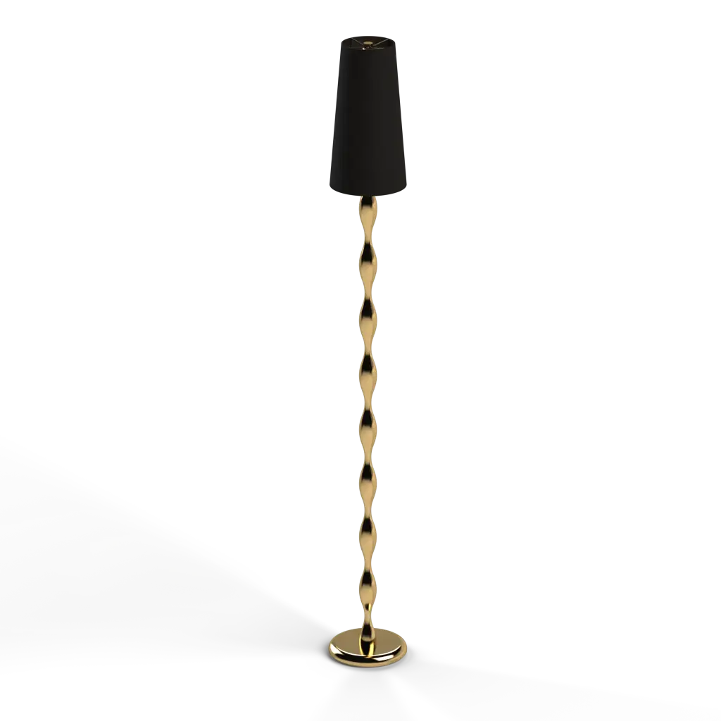 A black-shaded floor lamp with a gold, spiraling stand and round base.