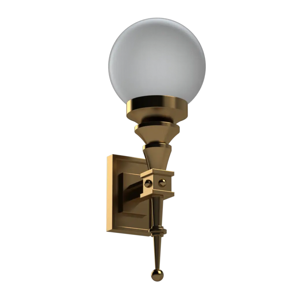 A brass wall sconce with a frosted glass globe.