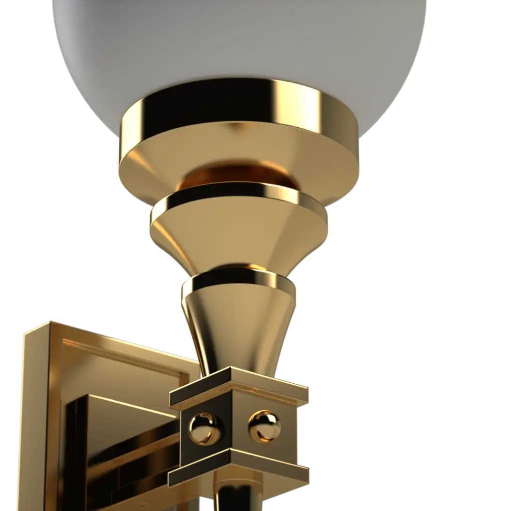 A golden wall sconce with a white globe shade.