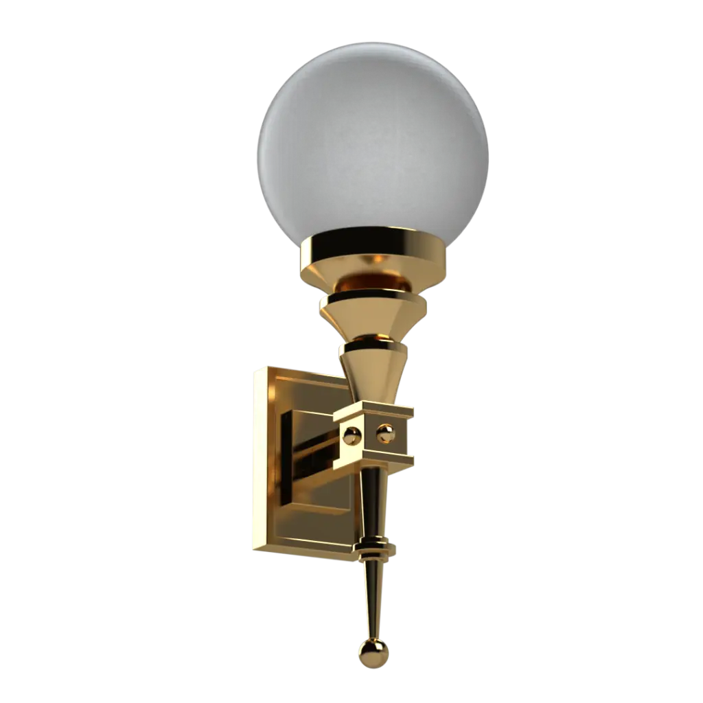 A golden wall sconce with a frosted globe light.