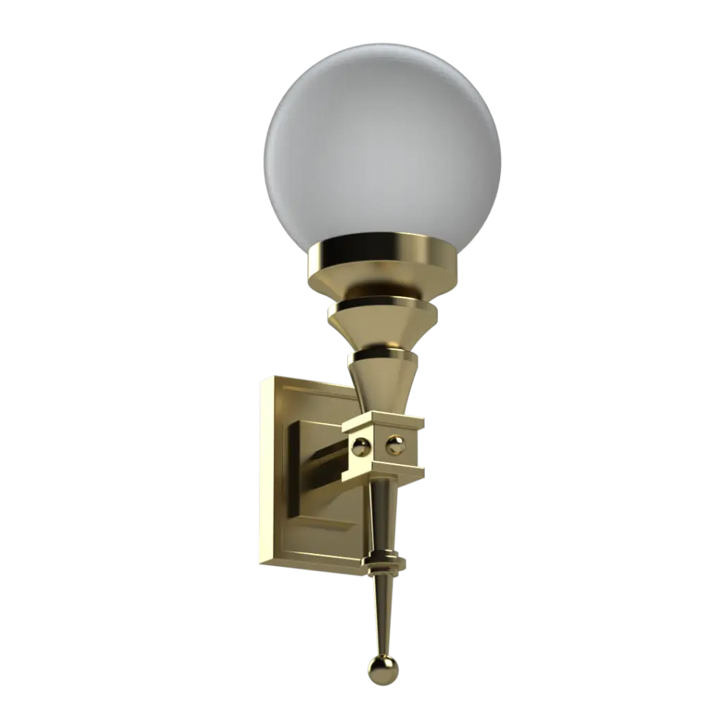 A gold wall sconce with a frosted globe light.
