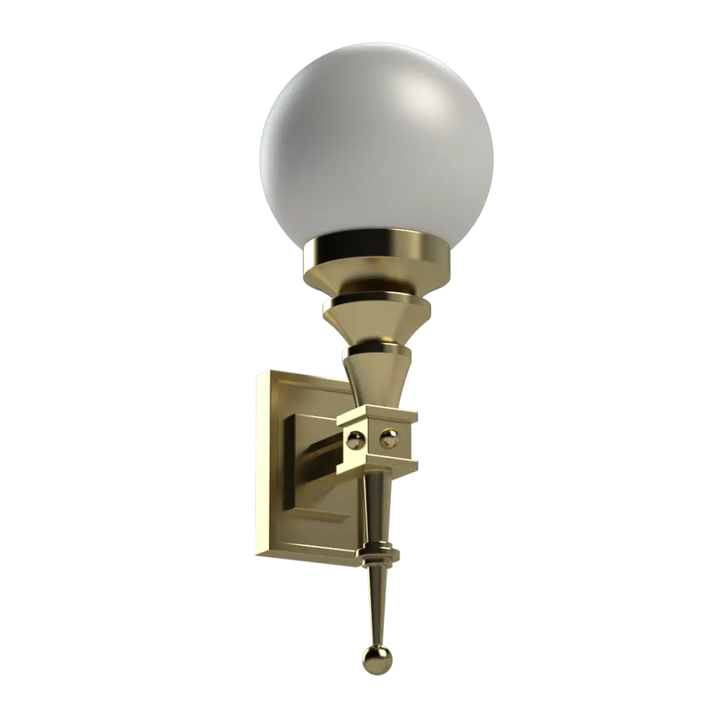 A gold-finished wall sconce with a spherical white glass shade.