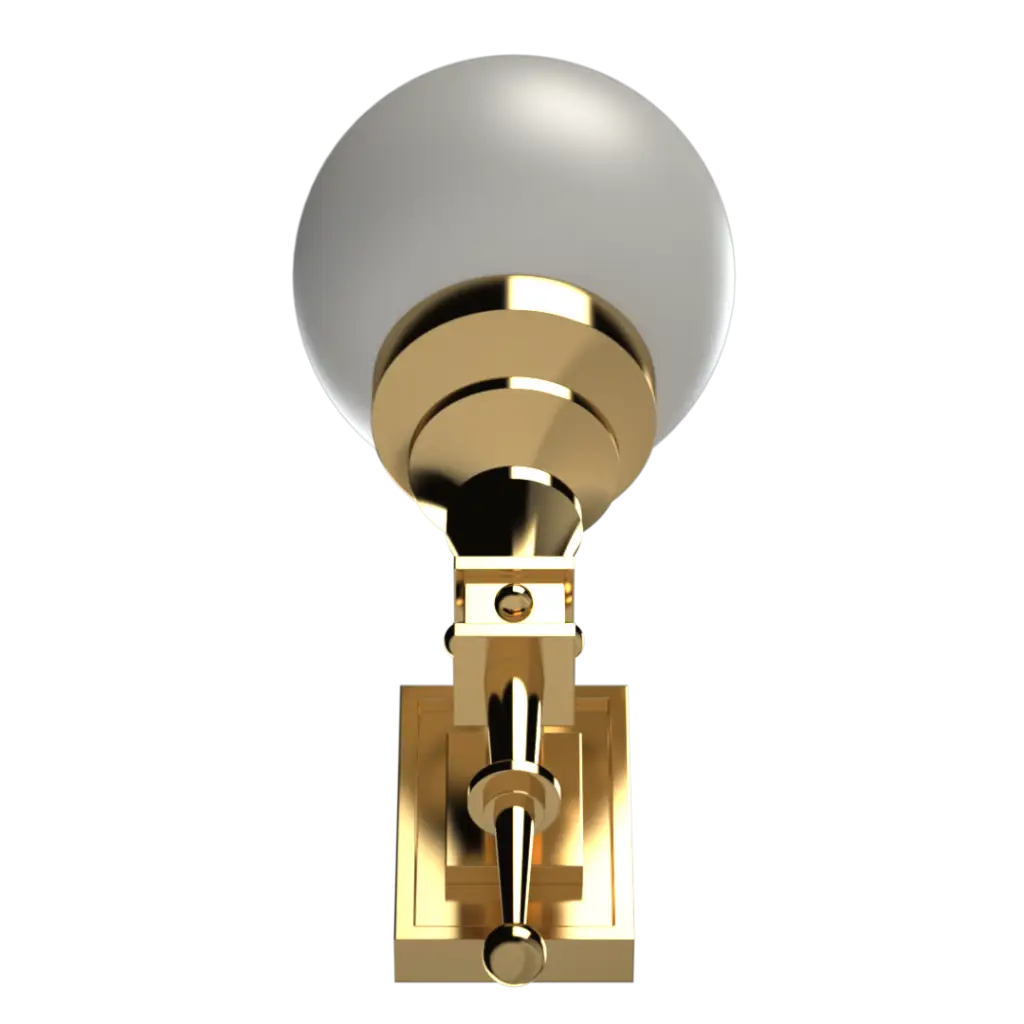 A wall-mounted light fixture with a spherical white glass shade and a polished gold-toned metal base.