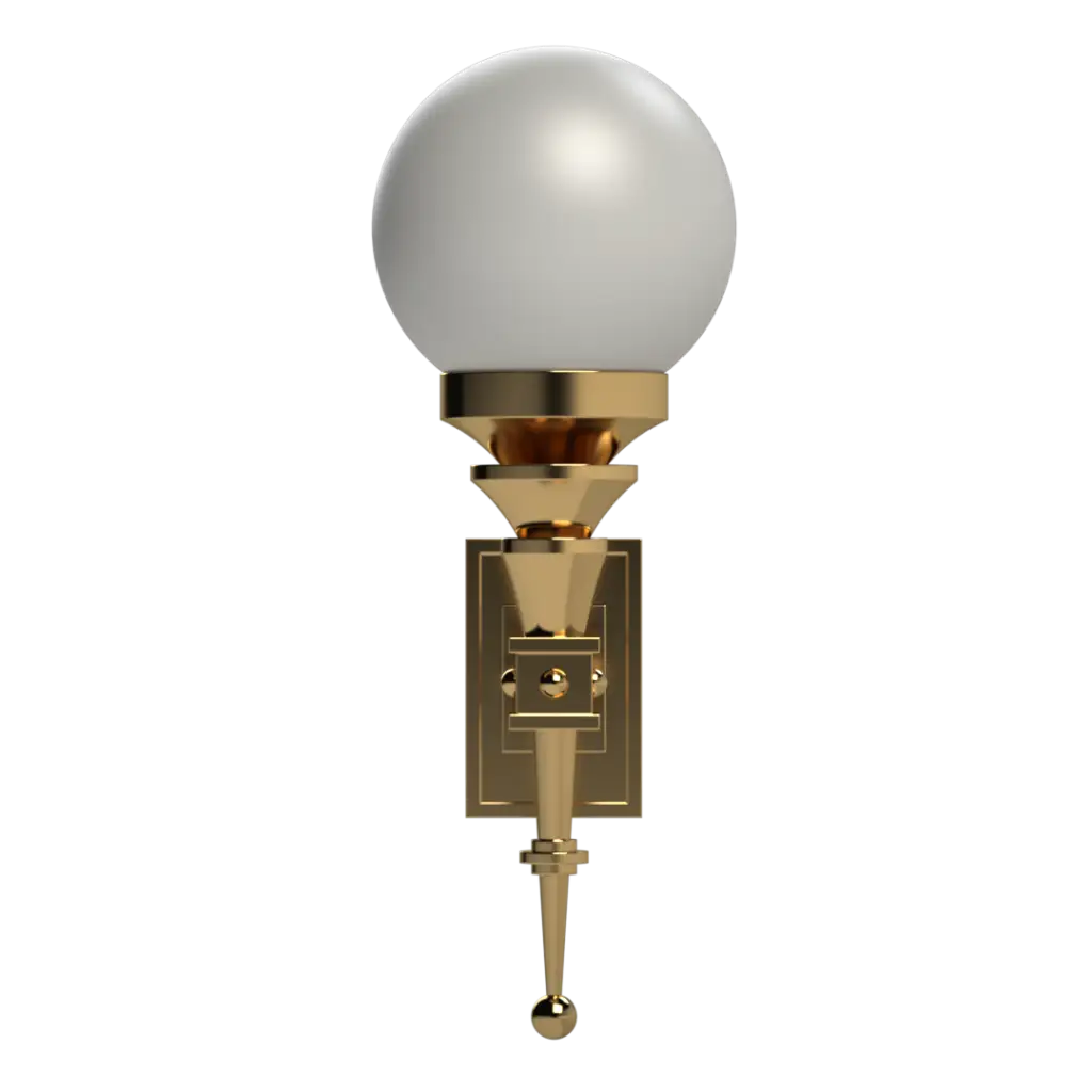 A gold-finished wall sconce with a spherical white glass shade.
