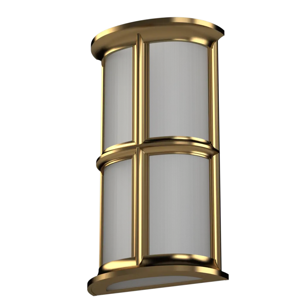 A gold-framed wall sconce with four frosted glass panels.