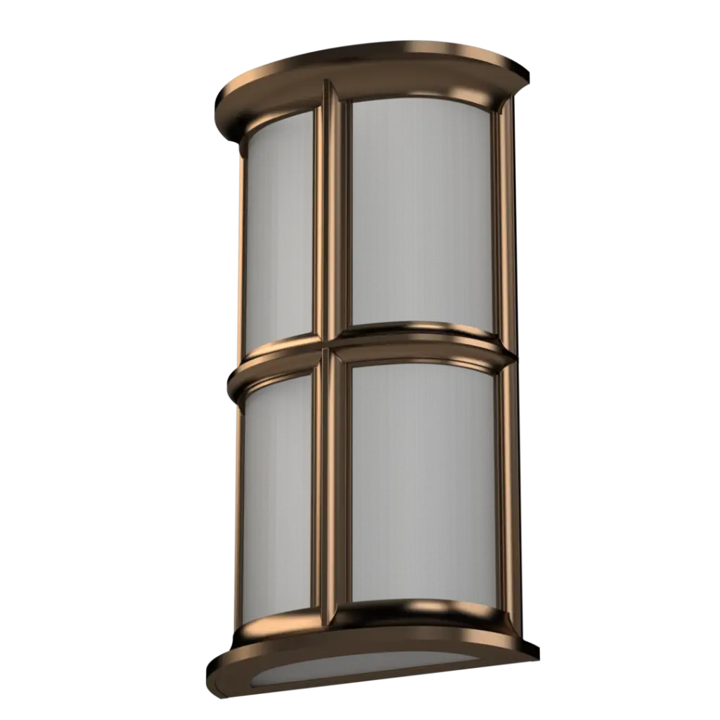 A rectangular outdoor wall light with a bronze frame and four frosted glass panels.