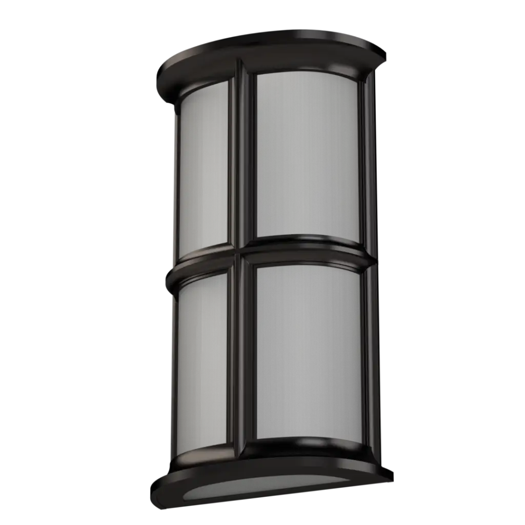 Dark metal outdoor light fixture with four frosted glass panels.