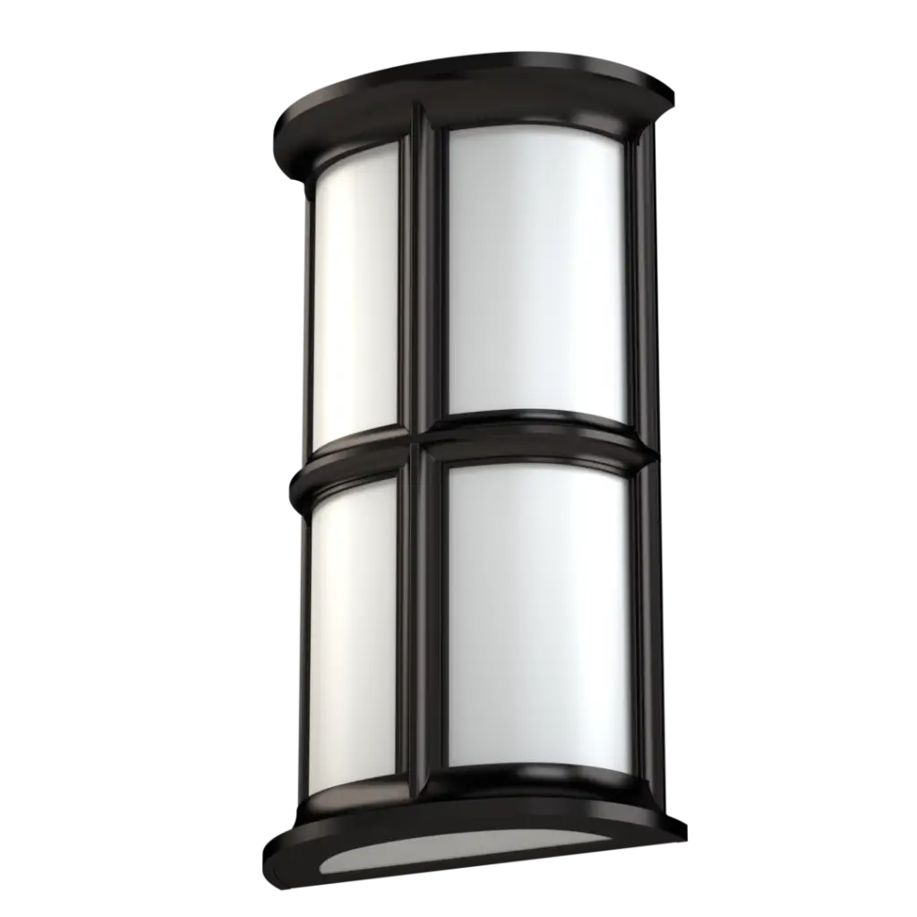 Black outdoor wall lantern with four frosted glass panels