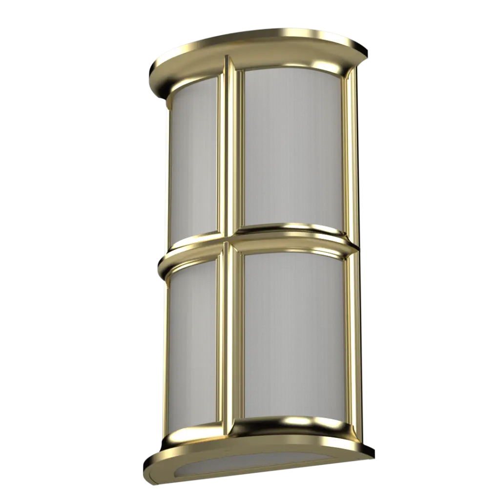 A vertical, rectangular outdoor light fixture with a gold frame and four frosted glass panels.