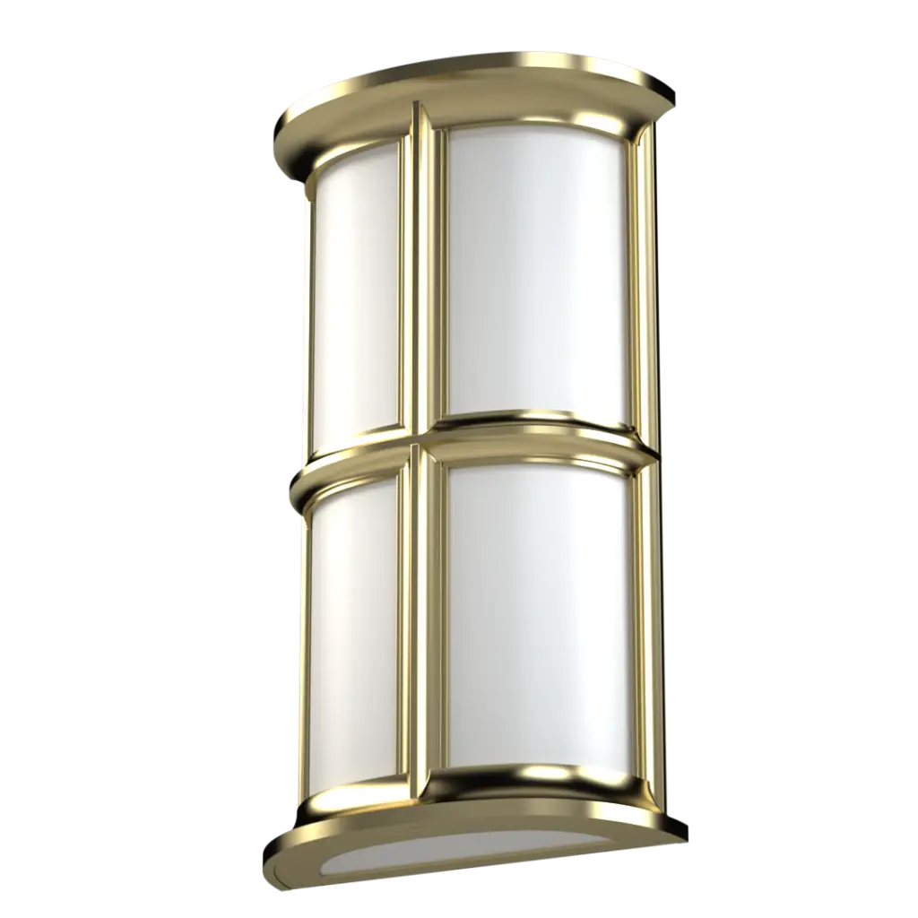 A gold and white two-tier outdoor wall sconce.