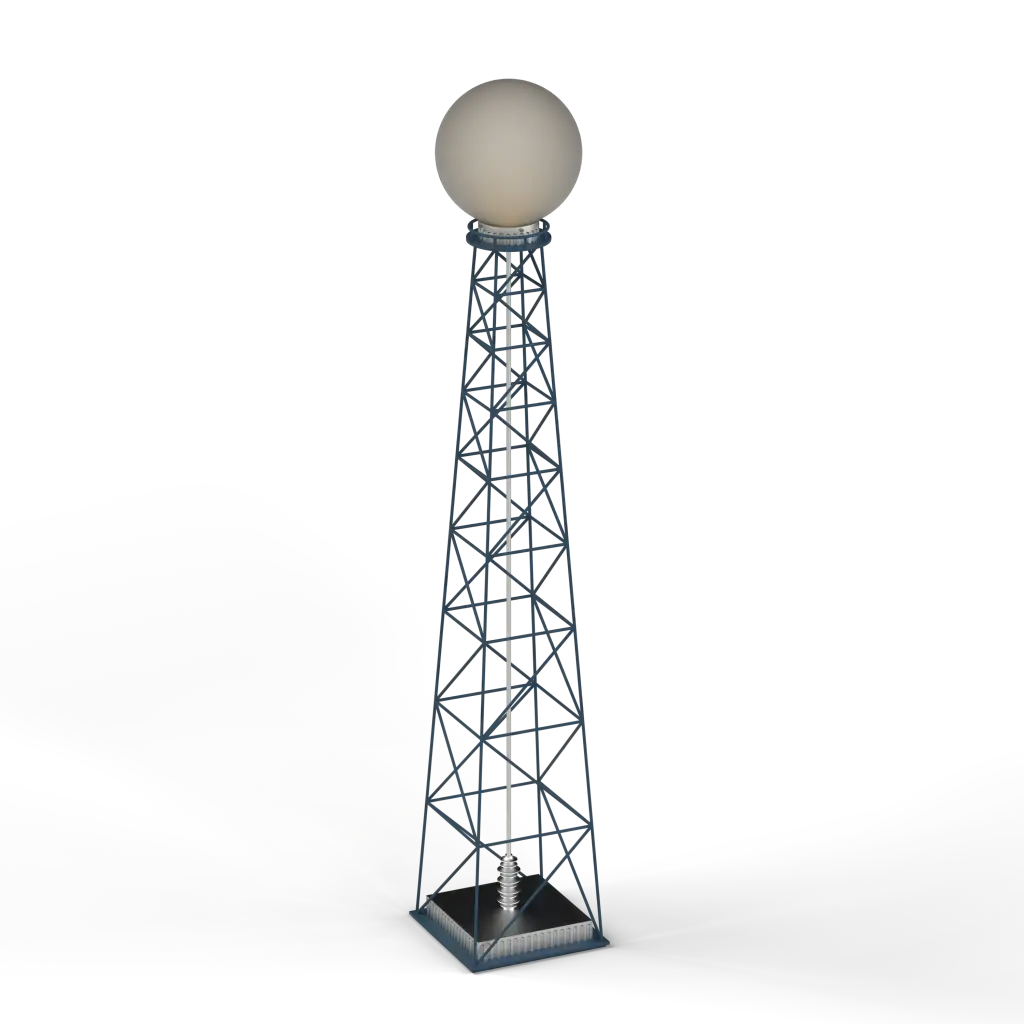 A tall, dark blue lattice tower with a large, glowing spherical top.