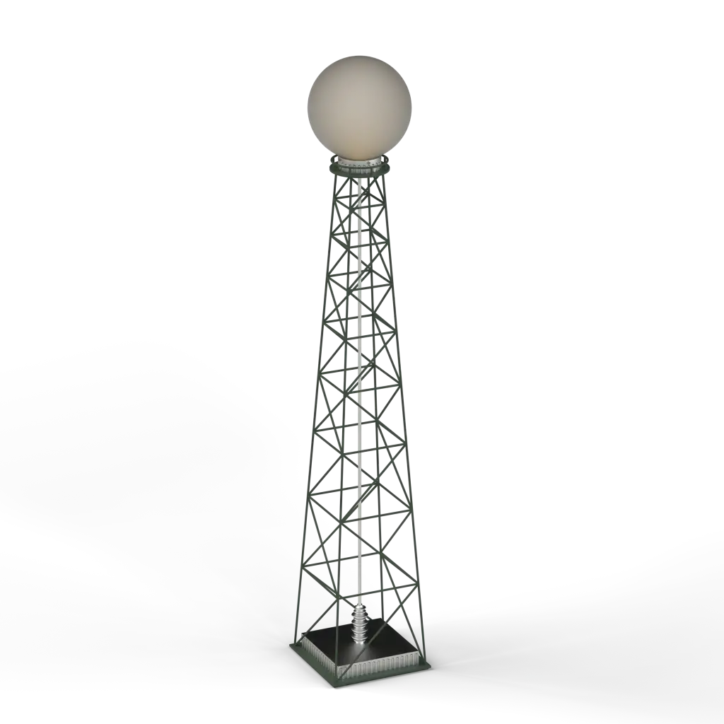 A tall, dark gray metal lattice tower with a light-colored spherical radome at its apex.