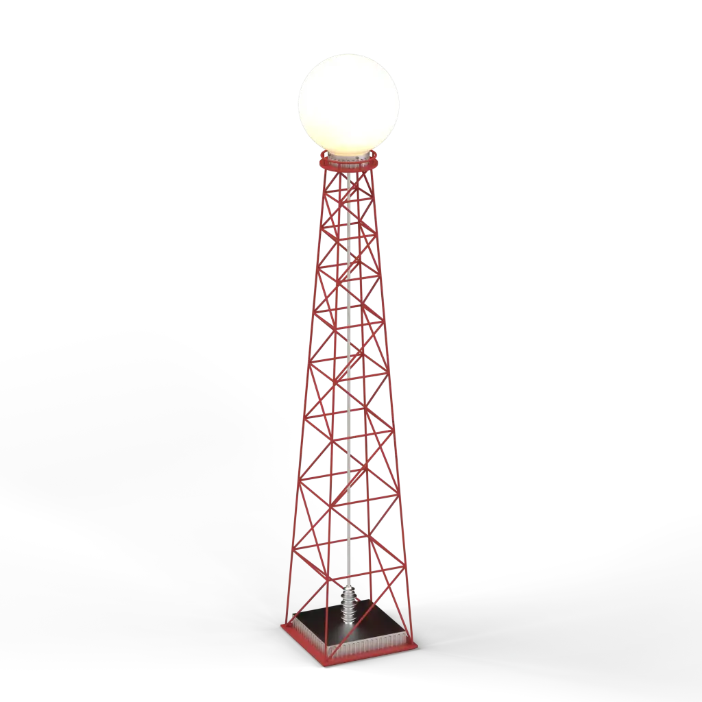 Red lattice tower with a white spherical radome.