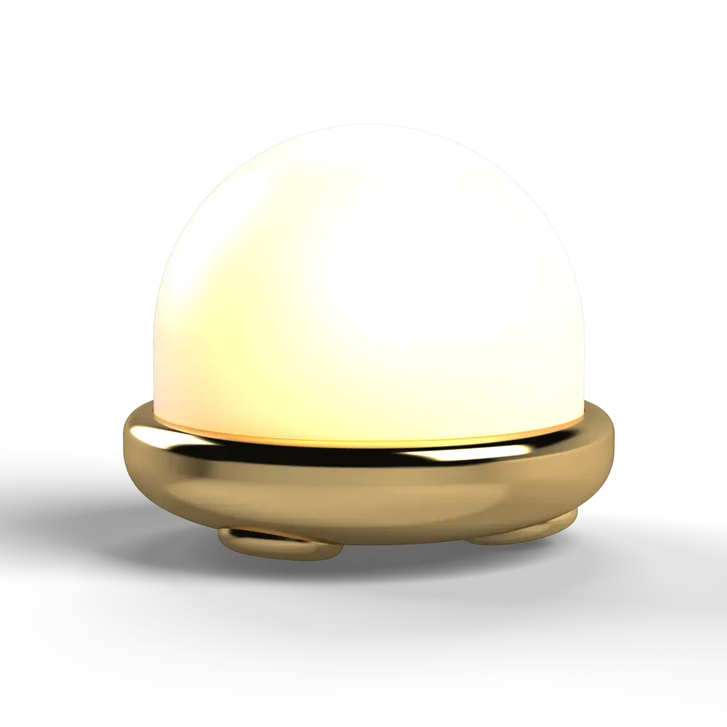 A glowing hemispherical lamp with a gold base.