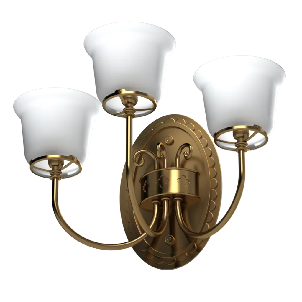 Three-light antique brass wall sconce with frosted white glass shades.