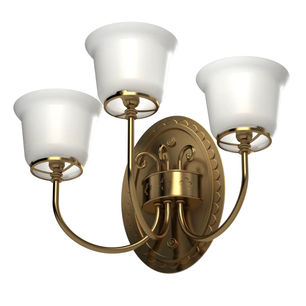 Three-light antique brass wall sconce with frosted glass shades.