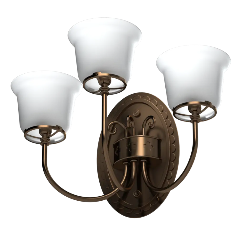 Bronze three-light wall sconce with frosted white glass shades.