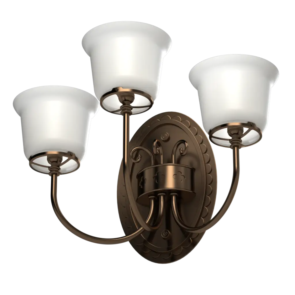 A three-light bronze vanity light with white bell-shaped glass shades.