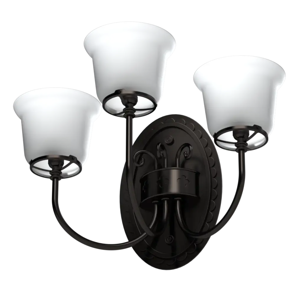 Three-light oil-rubbed bronze wall sconce with frosted white bell-shaped glass shades.