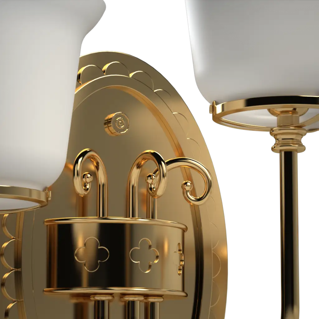 A polished gold wall sconce with white glass shades and decorative scrollwork.