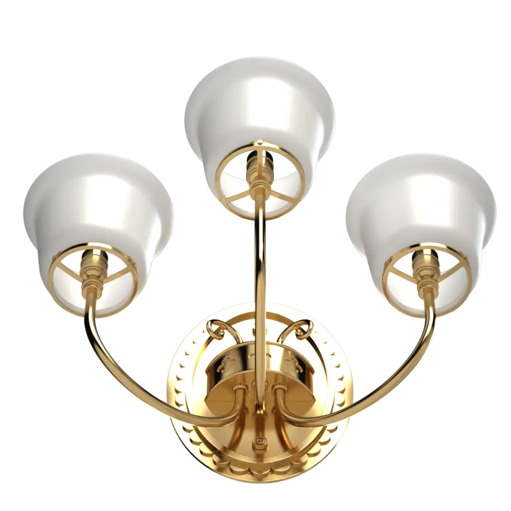 A three-light gold-tone wall sconce with white glass shades.