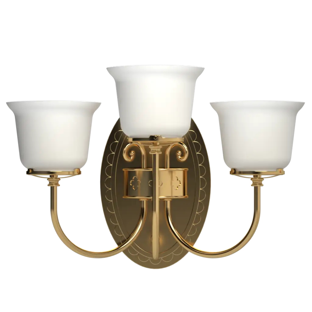 A three-light gold wall sconce with white glass shades.