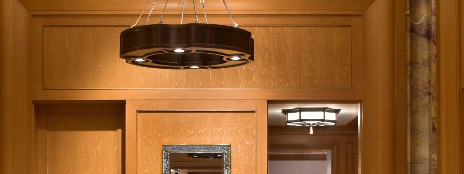 A circular, dark-colored chandelier with multiple downward-facing lights.