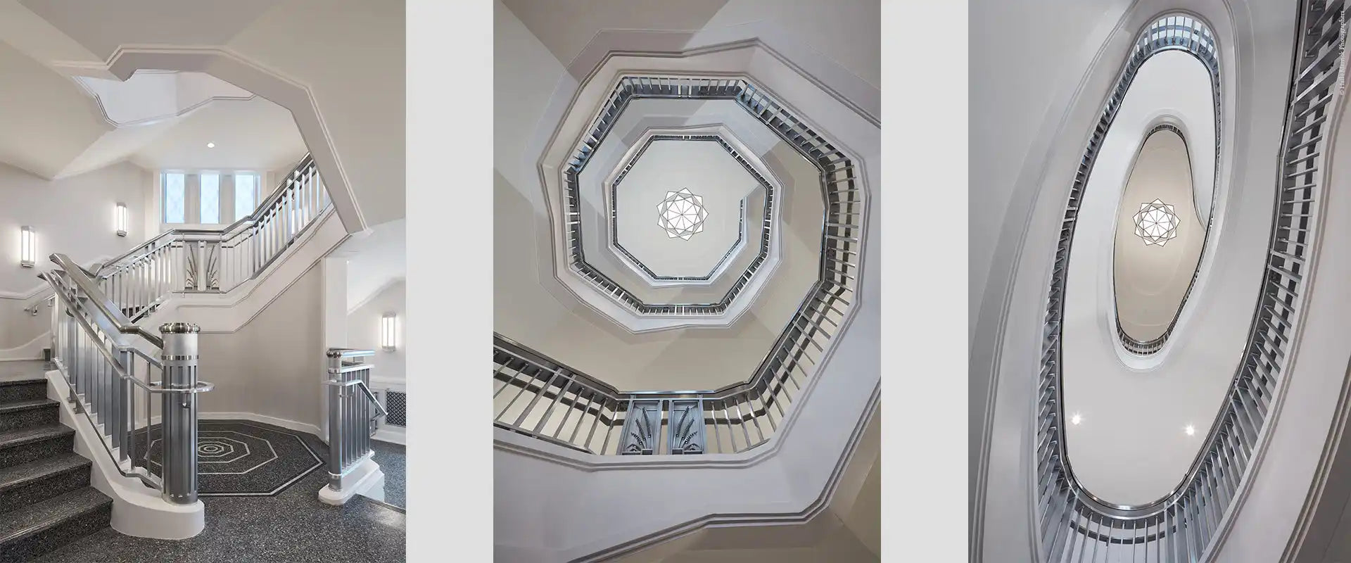 Three perspectives of a grand, multi-level staircase with polished metal railings and a decorative ceiling light.