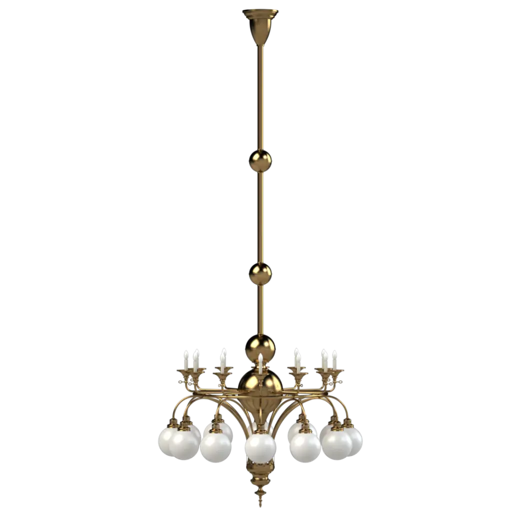 Gold chandelier with white glass balls on a white background