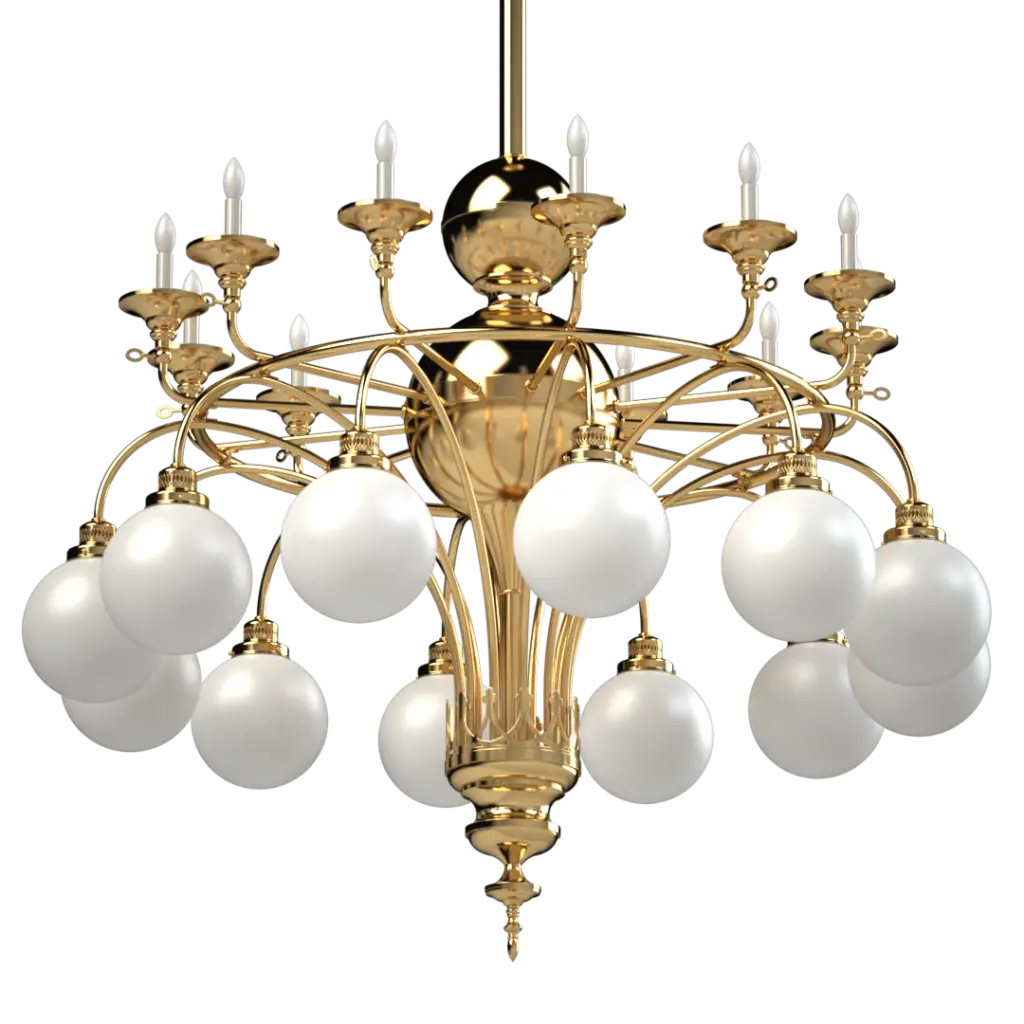 Gold chandelier with white glass balls on a white background
