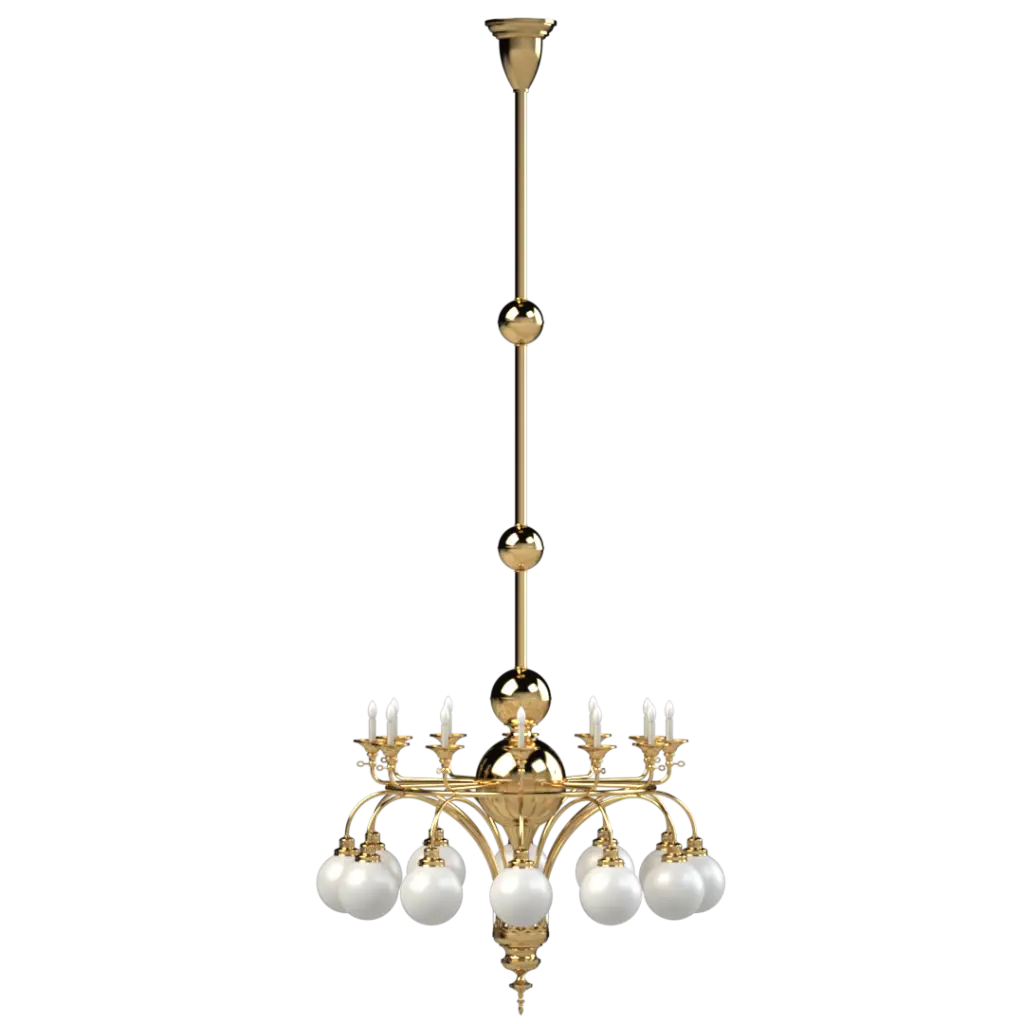 Gold chandelier with white glass balls on a white background