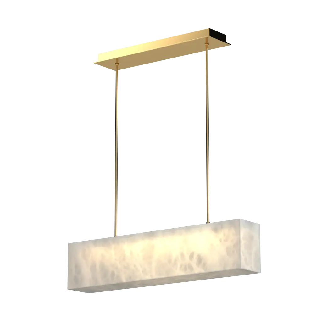 Modern pendant light with gold frame and white rectangular shade on a white background