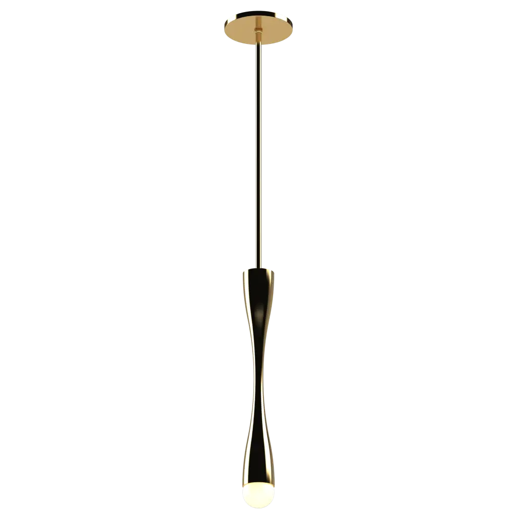 Modern pendant light with gold finish on a white background