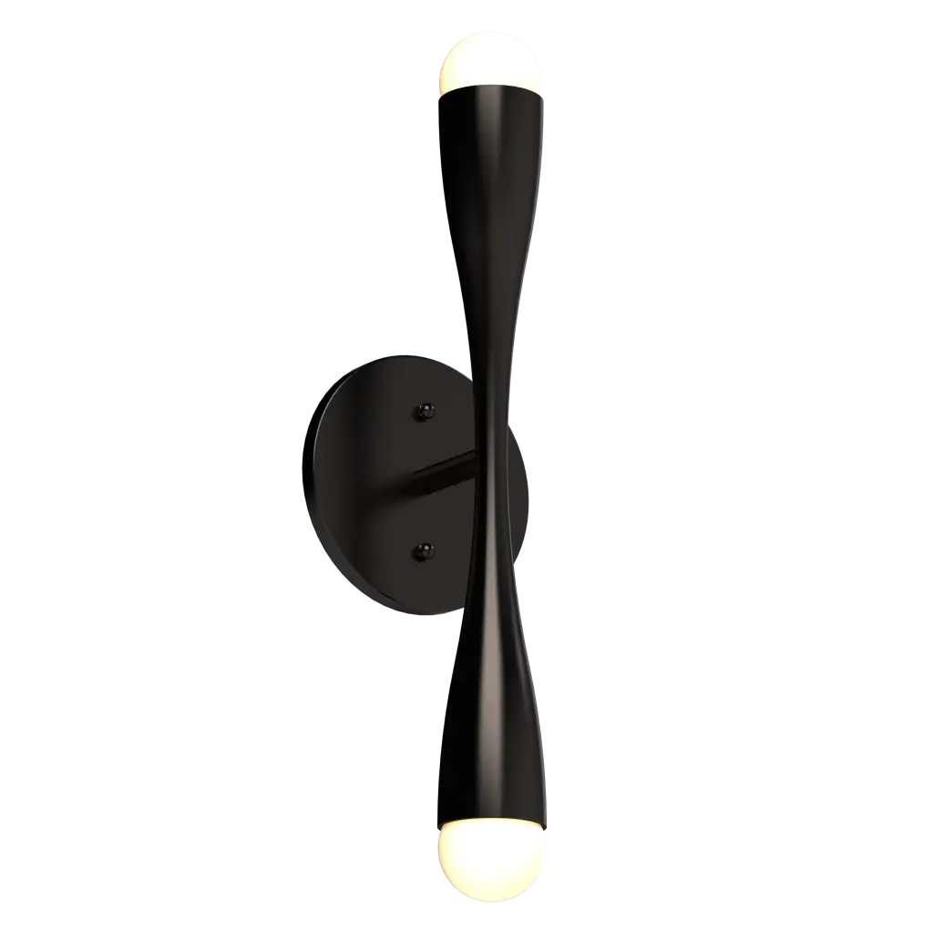 Modern black wall sconce with a curved design on a white background